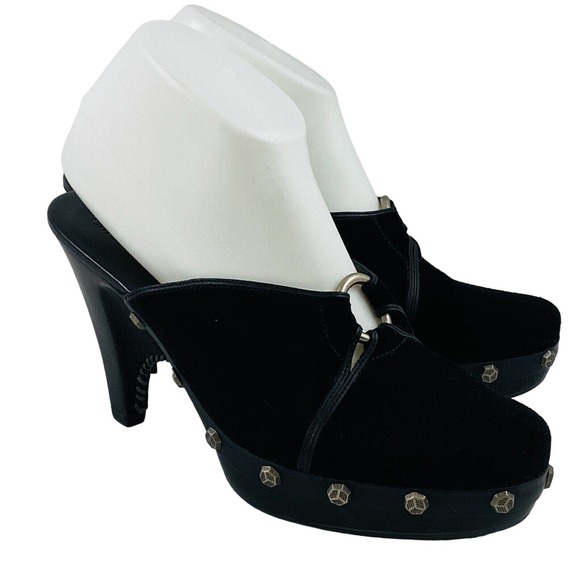 Womens 8B Cole Haan Kenna Platform Clogs Black Suede Leather‎ 4" Heel Studs - Picture 1 of 12